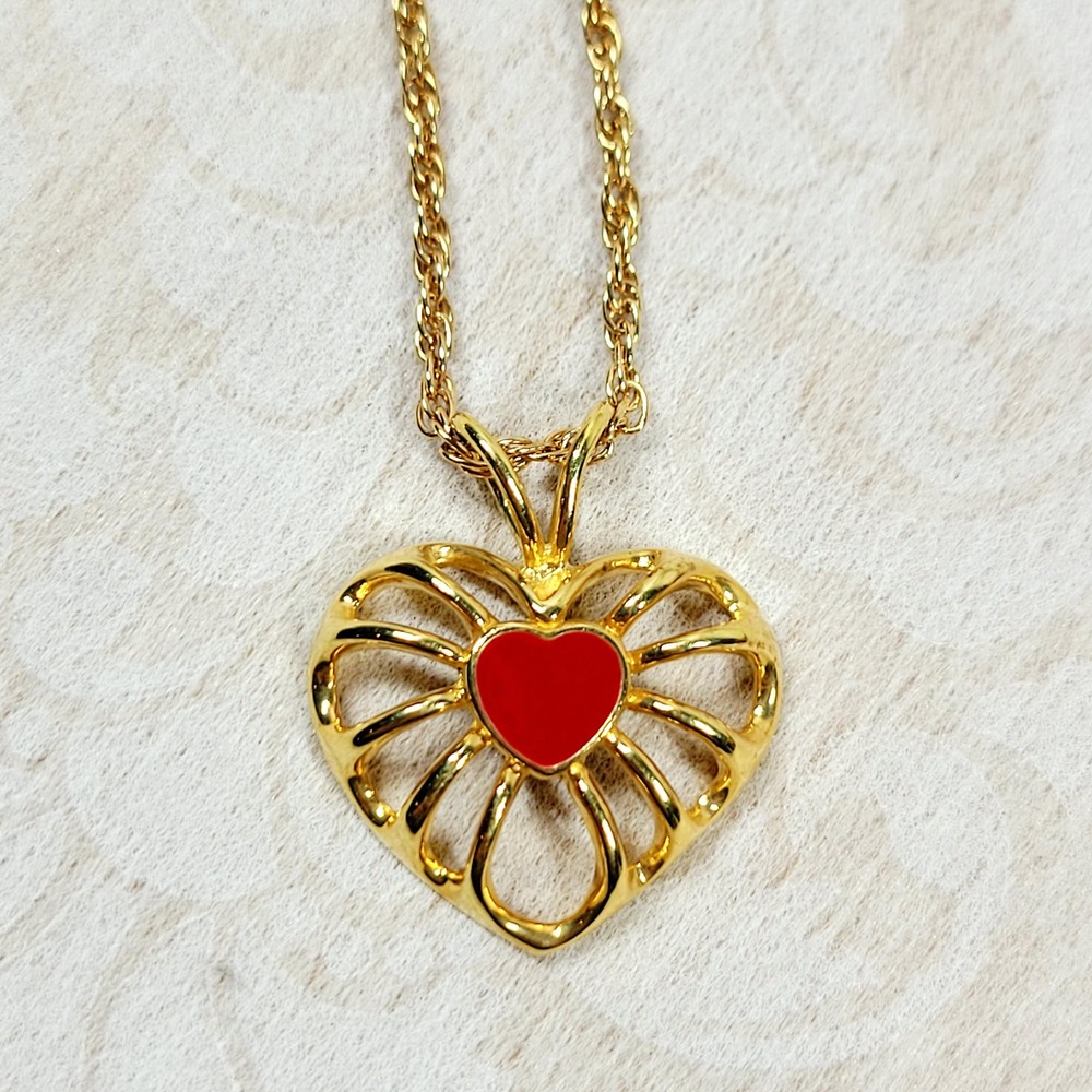 Vintage Krementz Gold Heart Pendant Necklace Red Enamel Signed 70s jewelry